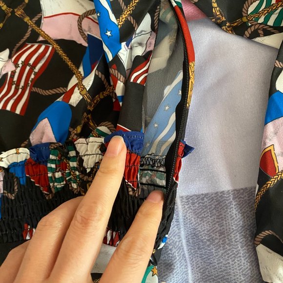 New printed V-neck long sleeve elastic waistband slimming A- line  dress - Picture 4 of 6